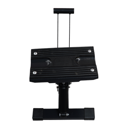 Front view of a black compact motorcycle stand, designed for securely lifting and supporting motorcycles. - Motorcycle Stand | TLMMXS