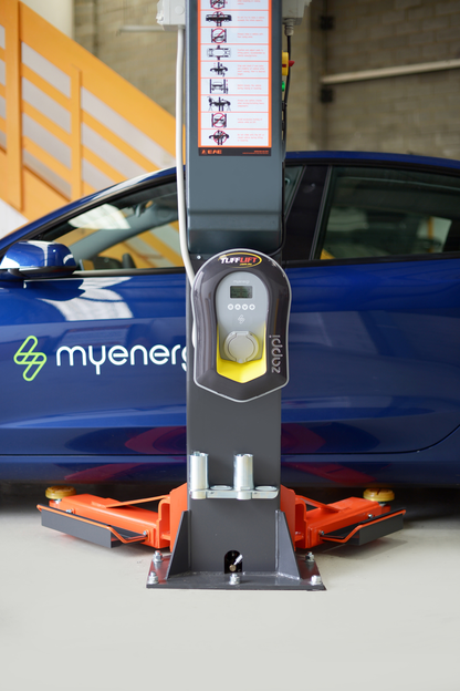 Zappi 7kw Untethered EV Charge Station mounted on a 2 post car hoist