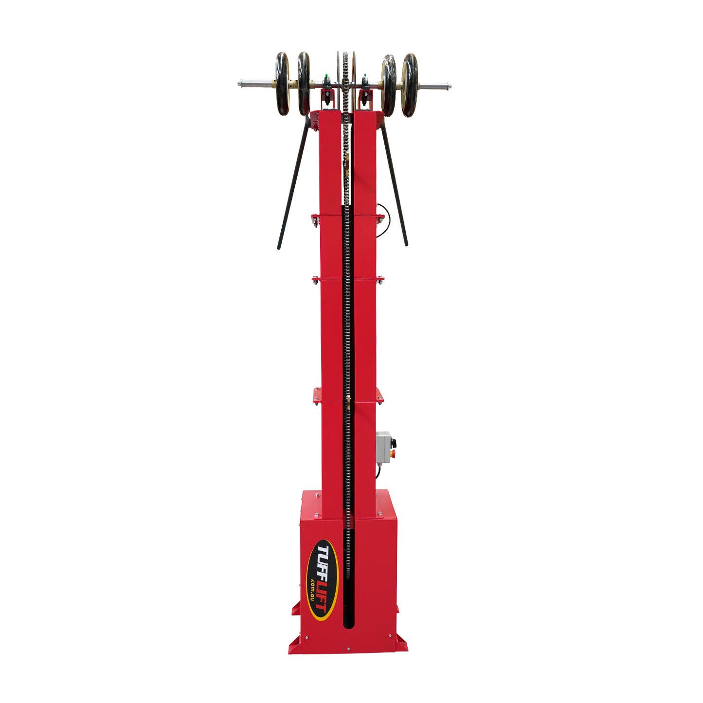 Front on photo of a Red Mezzanine Tyre Elevator