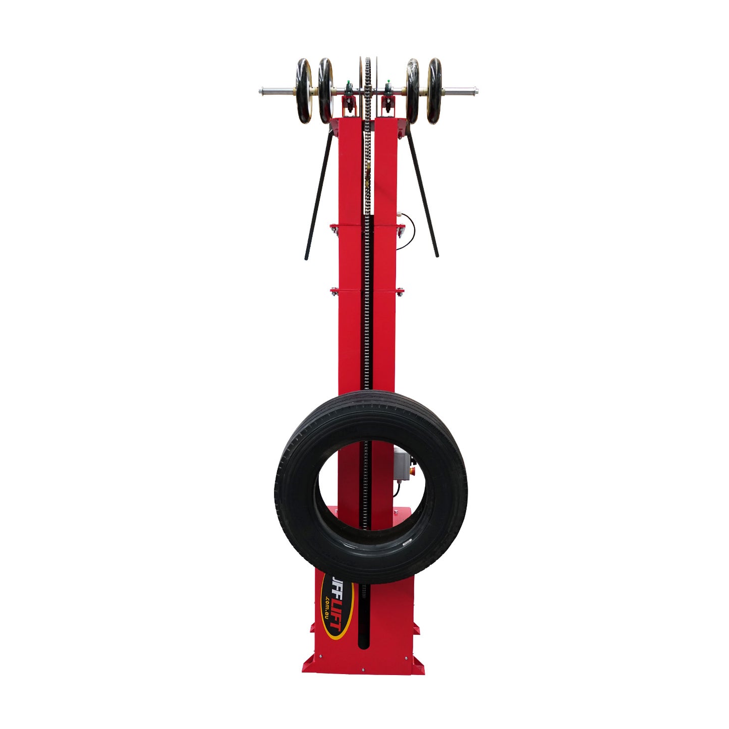 Red Mezzanine Tyre Elevator with a tyre on it