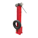 3/4 view of a red Mezzanine Tyre Elevator with a tyre on it
