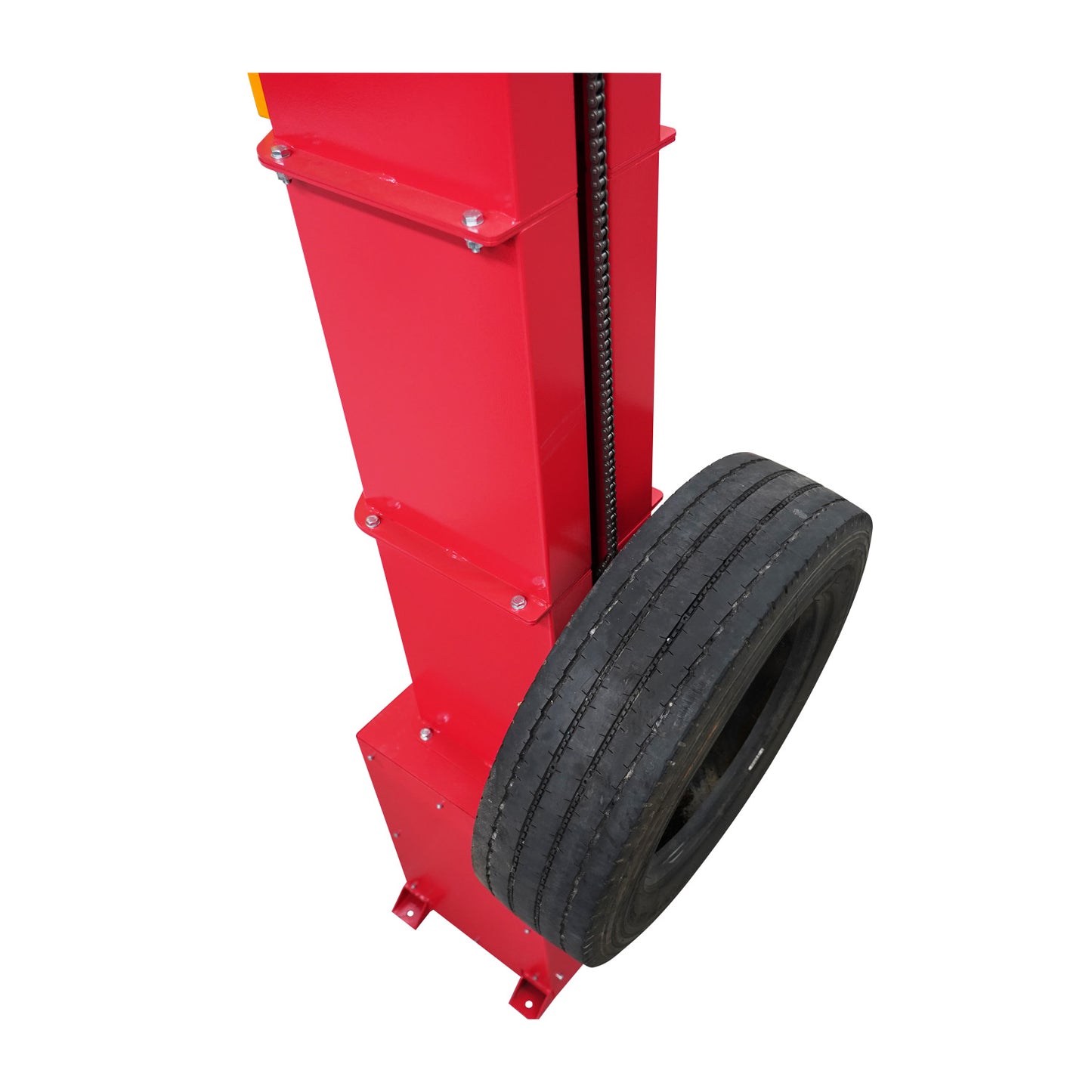 Red Mezzanine Tyre Elevator with tyre on it