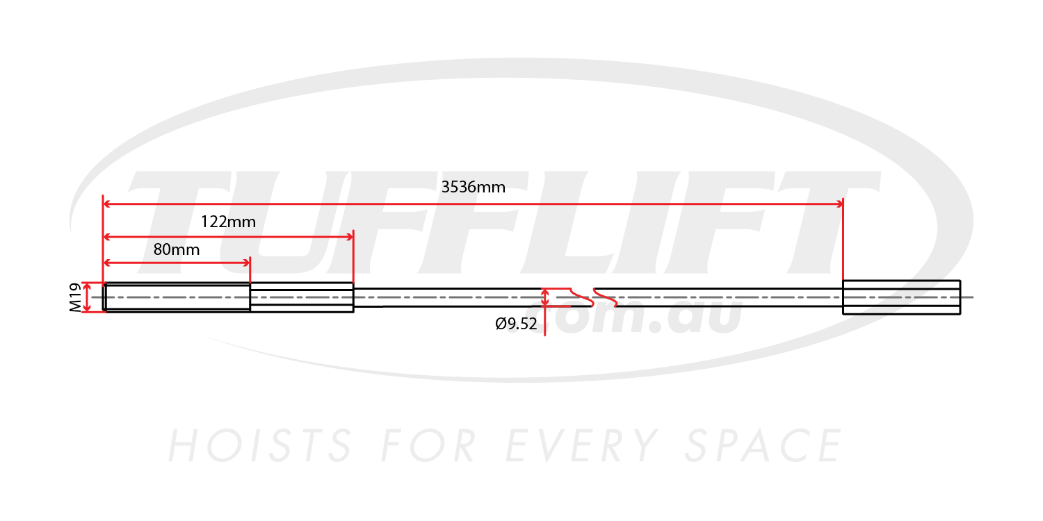 This image shows a technical drawing for a hoist cable with a total length of 3,536mm and a diameter of 9.52mm. It is equipped with M19 threading on one end, with specific measurements of 122mm and 80mm at the threaded section. The diagram is designed to provide detailed information for installation and ensures the cable fits the hoisting equipment precisely.