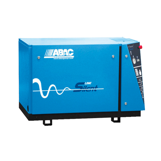 A blue ABAC Line Silent air compressor with control panel on the right side, mounted on a black base, with the brand logo and a wavy line graphic on the side. - McMillan Low Noise Compressor Kit | LN1000A