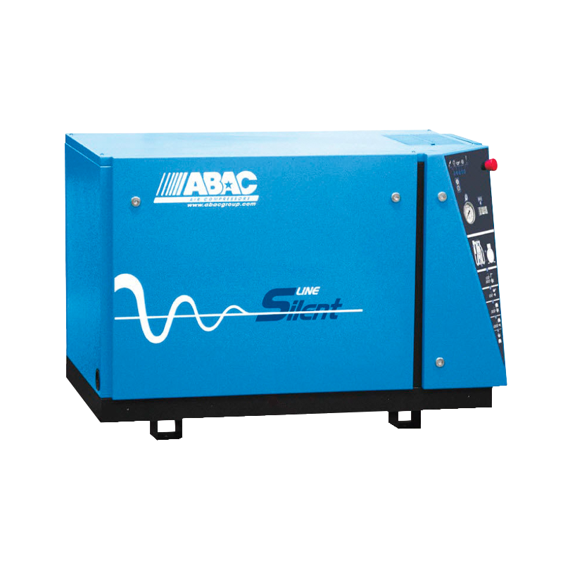 A blue ABAC Line Silent air compressor with control panel on the right side, mounted on a black base, with the brand logo and a wavy line graphic on the side. - McMillan Low Noise Compressor Kit | LN750A