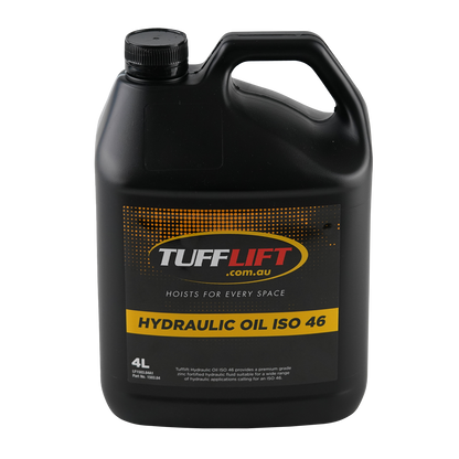 4-liter blue container of TuffLift Hydraulic Oil ISO 46, a premium-grade, zinc-fortified hydraulic fluid suitable for various hydraulic applications requiring ISO 46. The label includes a graphic of a hydraulic fitting and the TuffLift logo with the tagline 'Hoists for Every Space.