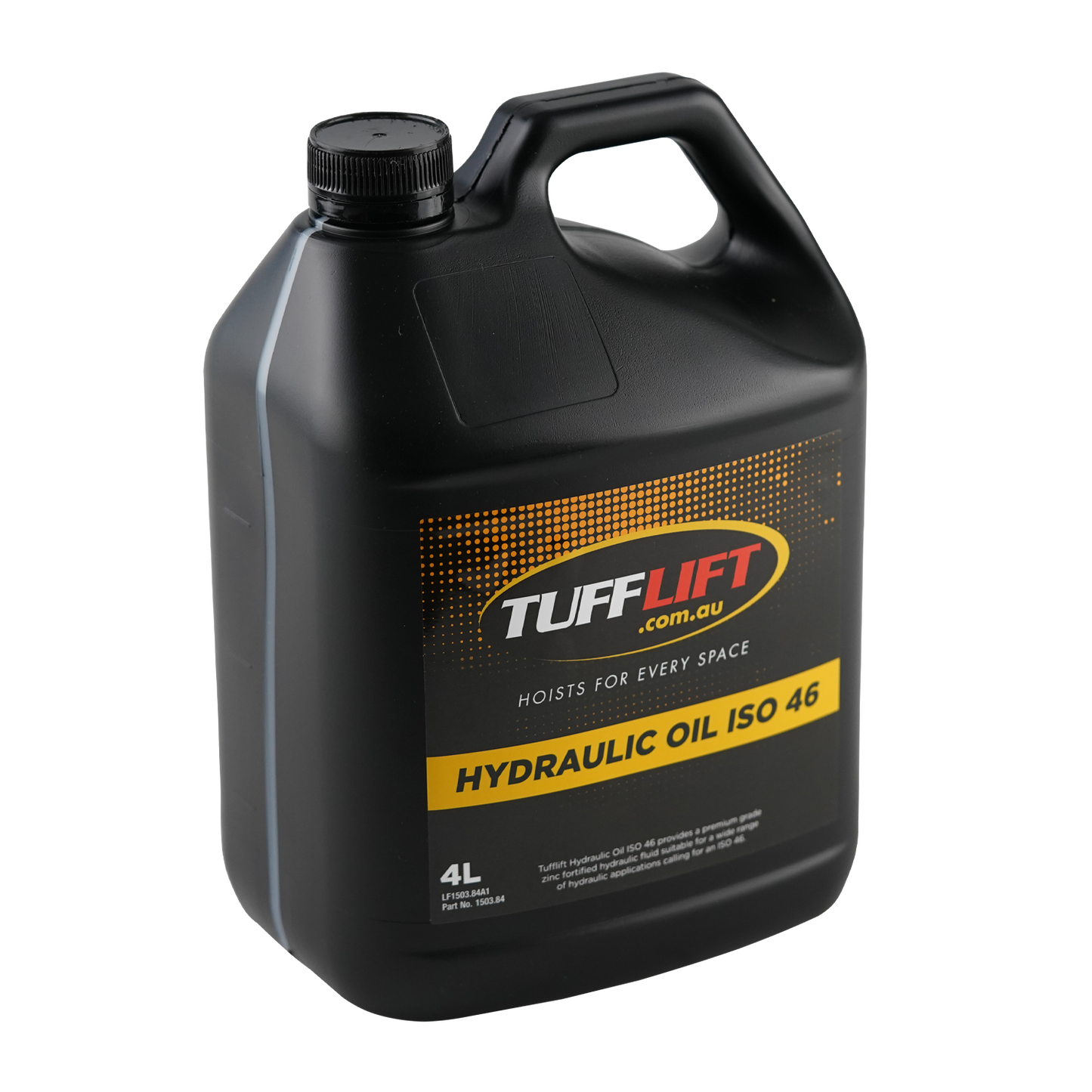 Angled view of a 4-liter blue TuffLift Hydraulic Oil ISO 46 container, featuring a label that promotes premium-grade, zinc-fortified hydraulic fluid for applications requiring ISO 46. The label includes the TuffLift logo and an illustration of a hydraulic fitting.