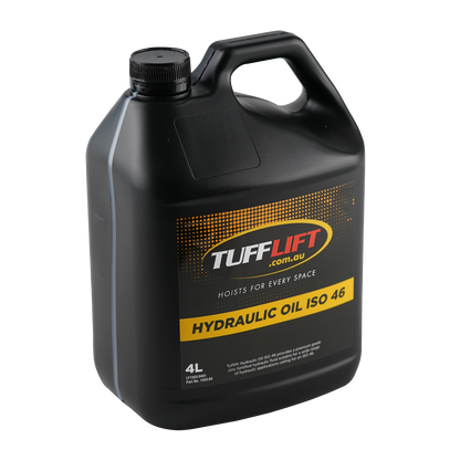 Angled view of a 4-liter blue TuffLift Hydraulic Oil ISO 46 container, featuring a label that promotes premium-grade, zinc-fortified hydraulic fluid for applications requiring ISO 46. The label includes the TuffLift logo and an illustration of a hydraulic fitting.