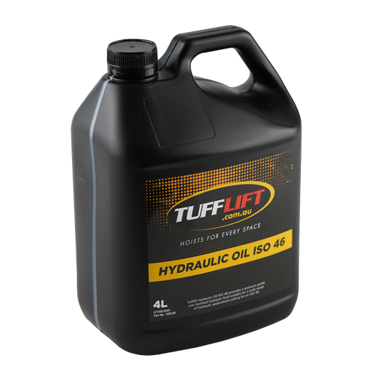 Angled view of a 4-liter blue TuffLift Hydraulic Oil ISO 46 container, featuring a label that promotes premium-grade, zinc-fortified hydraulic fluid for applications requiring ISO 46. The label includes the TuffLift logo and an illustration of a hydraulic fitting.