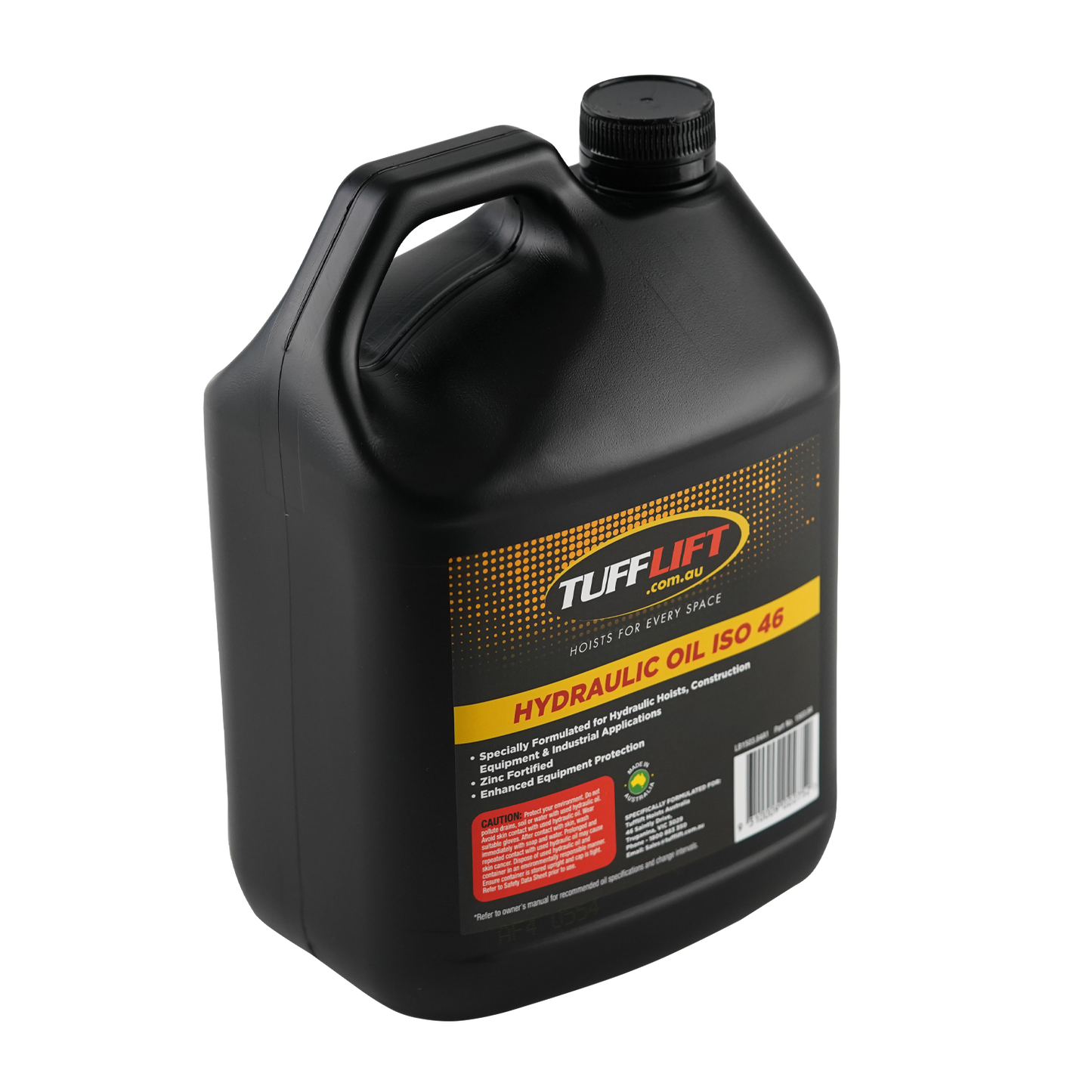 Side-angle view of a 4-liter blue container of TuffLift Hydraulic Oil ISO 46, labeled as a premium-grade, zinc-fortified hydraulic fluid suitable for applications requiring ISO 46. The packaging features the TuffLift logo and an image of a hydraulic fitting.