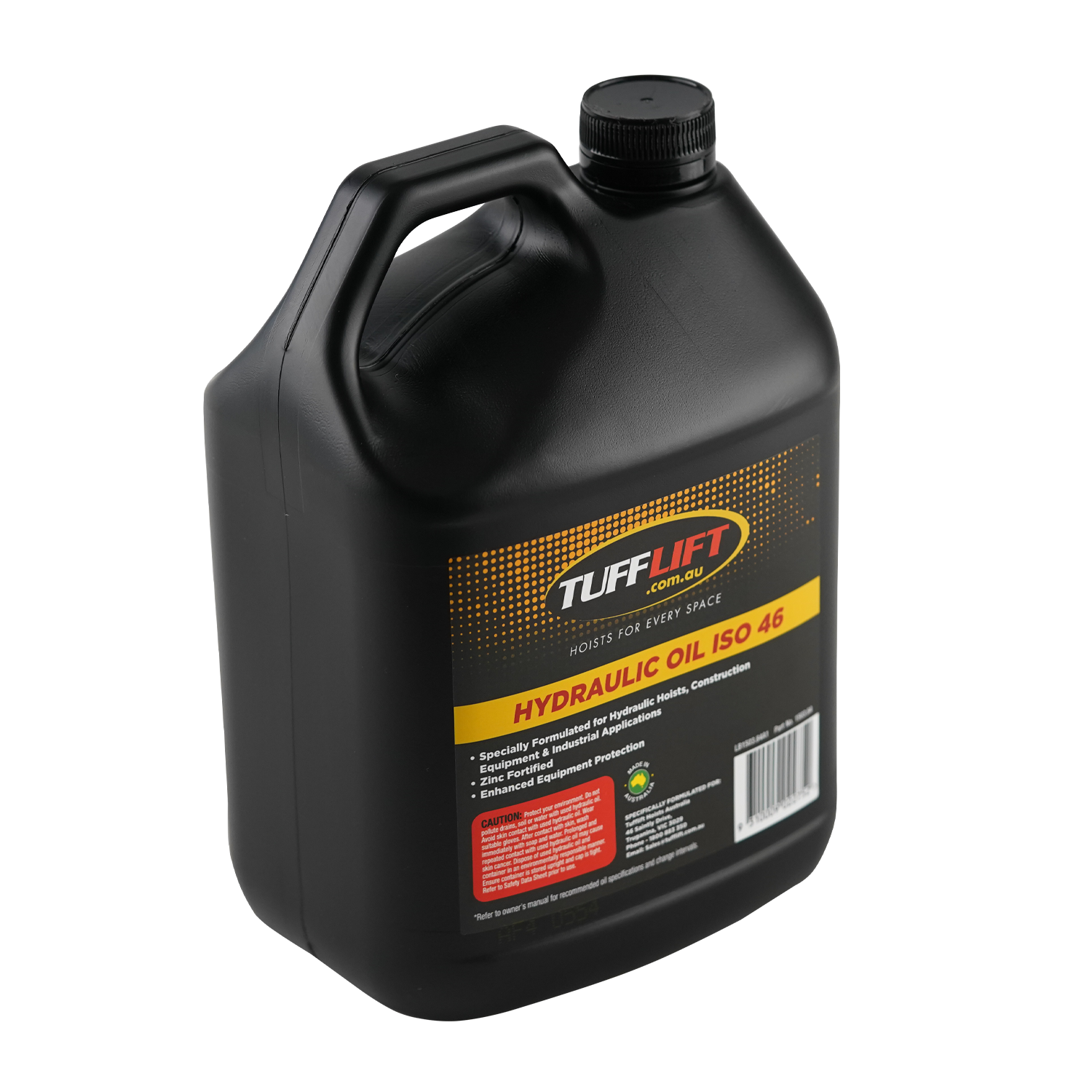 Side-angle view of a 4-liter blue container of TuffLift Hydraulic Oil ISO 46, labeled as a premium-grade, zinc-fortified hydraulic fluid suitable for applications requiring ISO 46. The packaging features the TuffLift logo and an image of a hydraulic fitting.