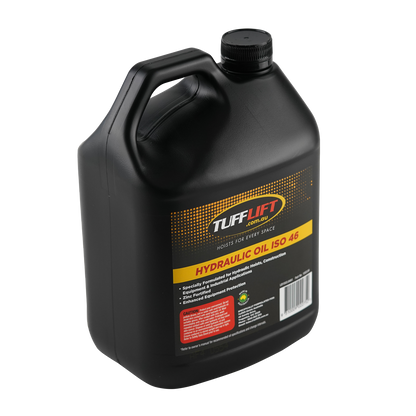 Side-angle view of a 4-liter blue container of TuffLift Hydraulic Oil ISO 46, labeled as a premium-grade, zinc-fortified hydraulic fluid suitable for applications requiring ISO 46. The packaging features the TuffLift logo and an image of a hydraulic fitting.