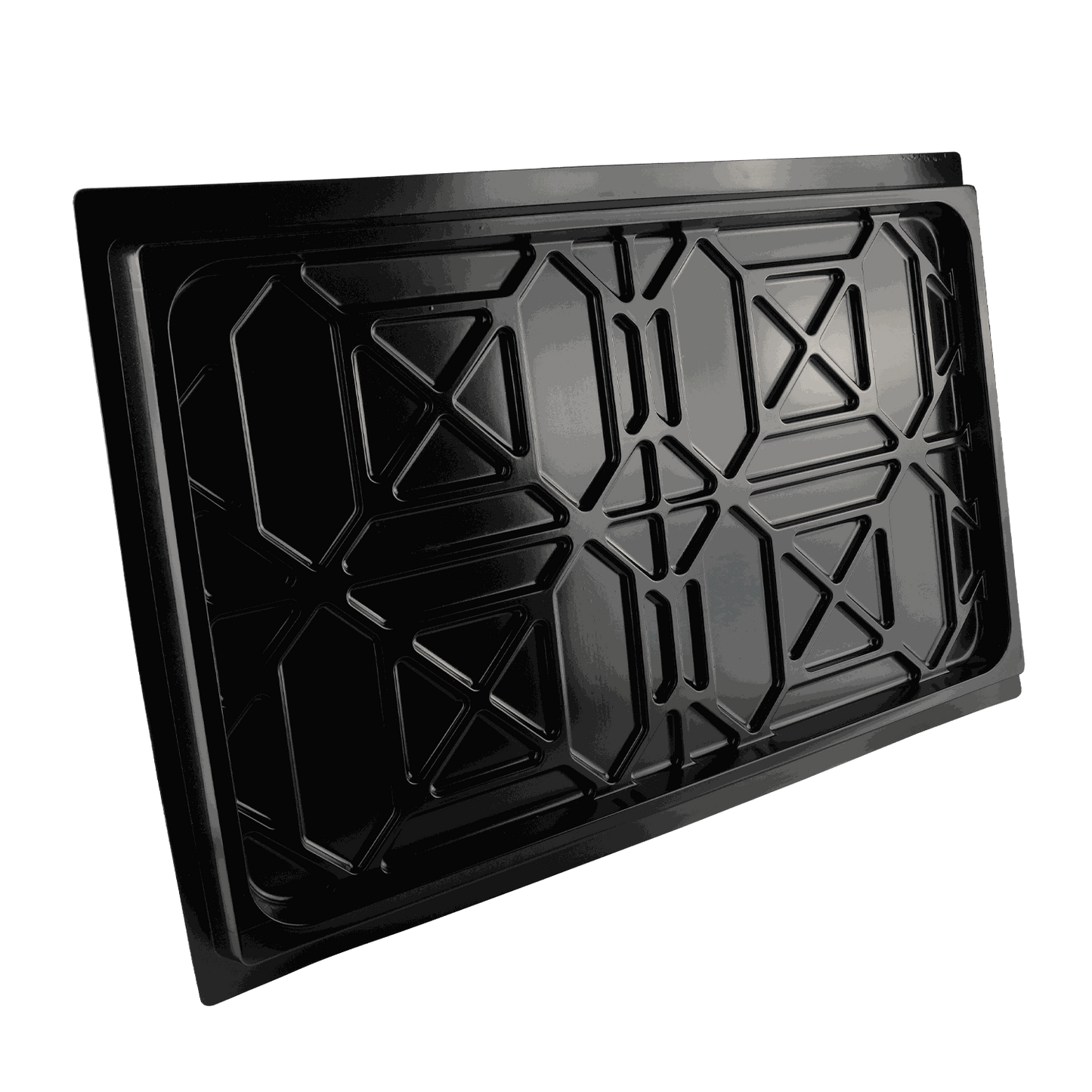 A black drip tray designed for a 4-post car hoist, featuring a raised, geometric pattern for added strength and durability.