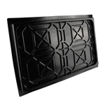A black drip tray designed for a 4-post car hoist, featuring a raised, geometric pattern for added strength and durability.