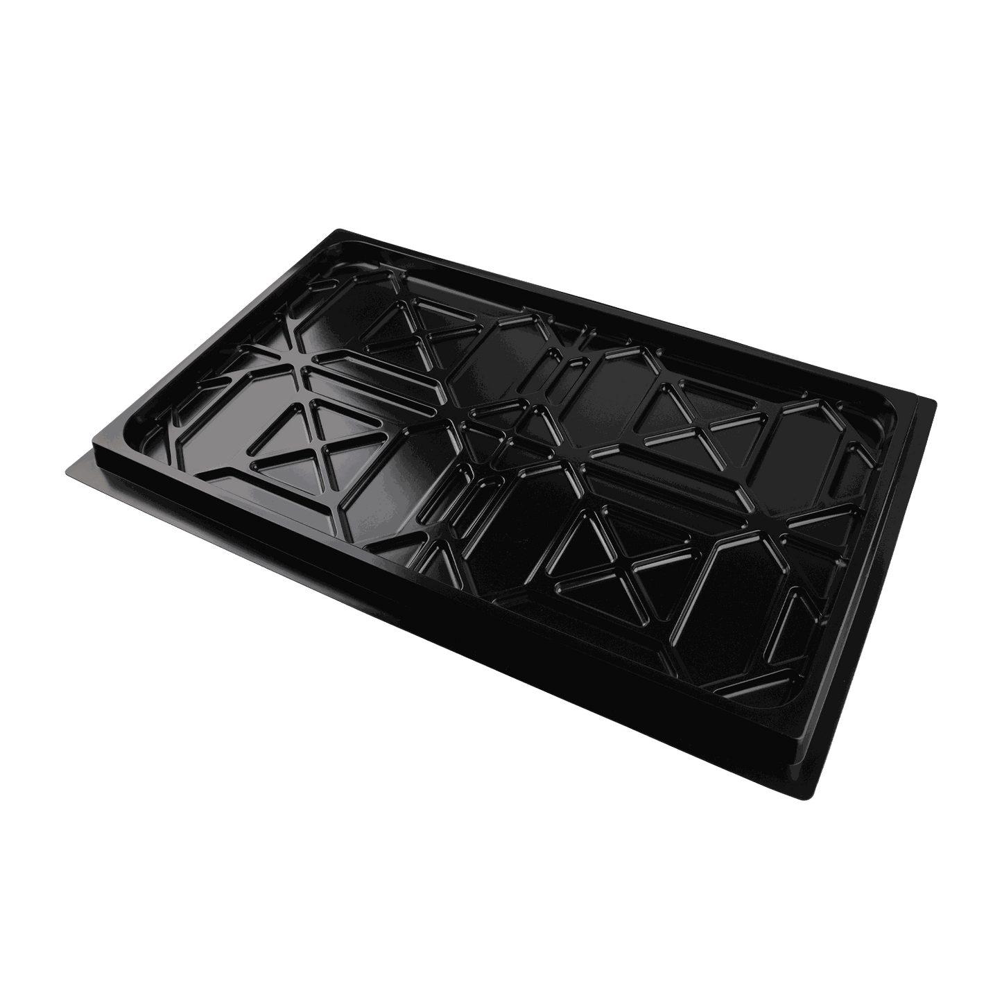 A black drip tray with a geometric, reinforced design, used for 4-post car hoists. The tray is positioned on the hoist, designed to collect fluids during vehicle storage.