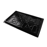 A black drip tray with a geometric, reinforced design, used for 4-post car hoists. The tray is positioned on the hoist, designed to collect fluids during vehicle storage.