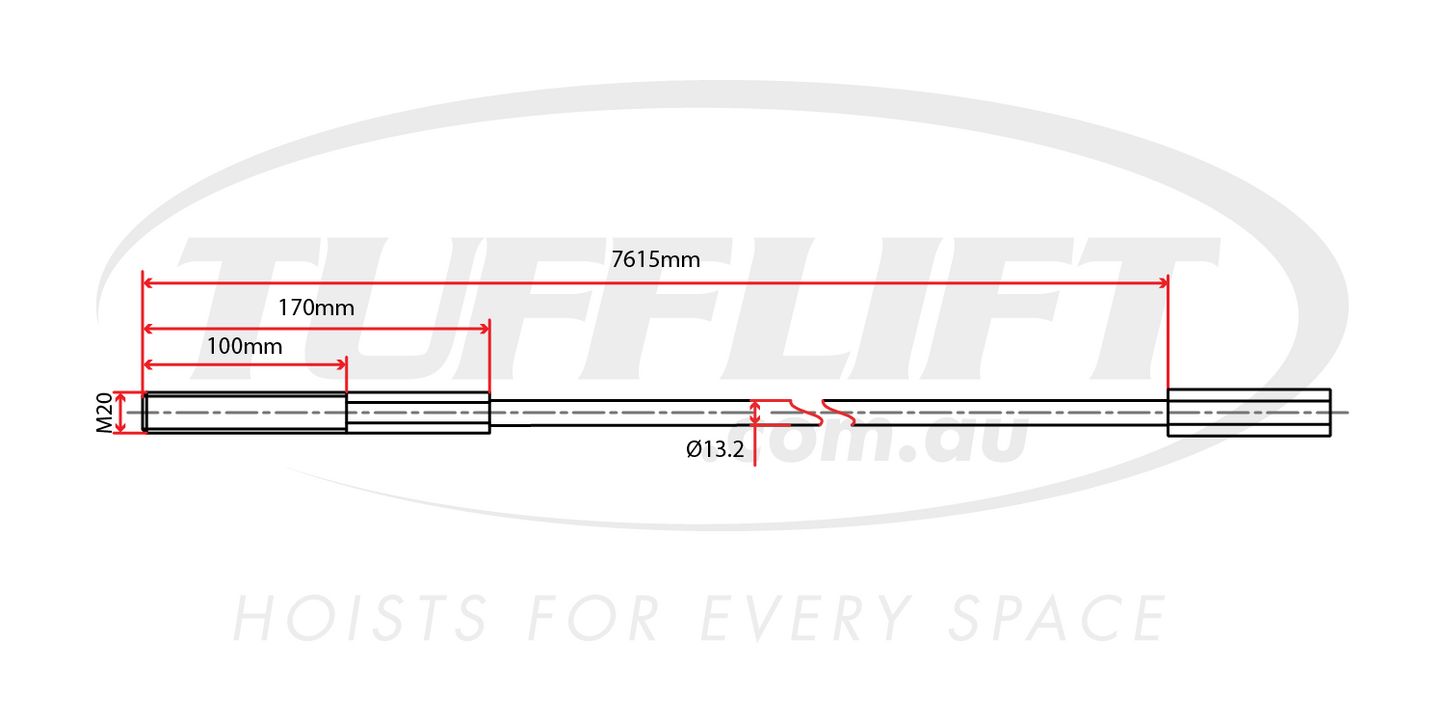 Technical drawing of a hoist cable with a total length of 7615mm, an M20 thread, and a diameter of 13.2mm.