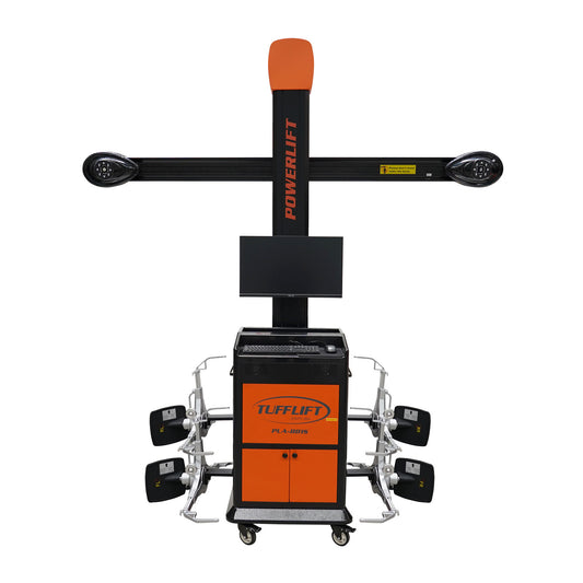 PowerLift PLA-881S alignment machine from TuffLift, featuring a sleek design with an orange and black color scheme, a central display screen, and advanced vehicle alignment sensors.