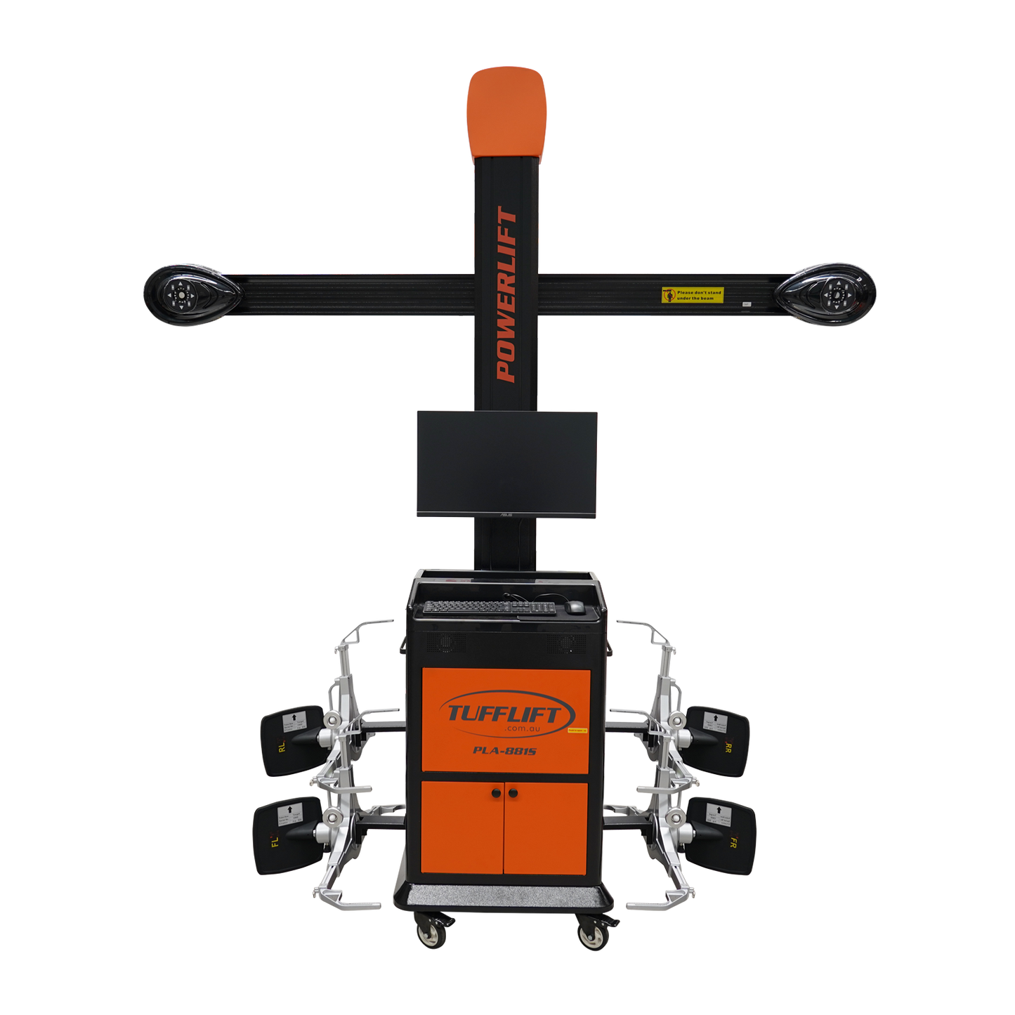 PowerLift PLA-881S alignment machine from TuffLift, featuring a sleek design with an orange and black color scheme, a central display screen, and advanced vehicle alignment sensors.