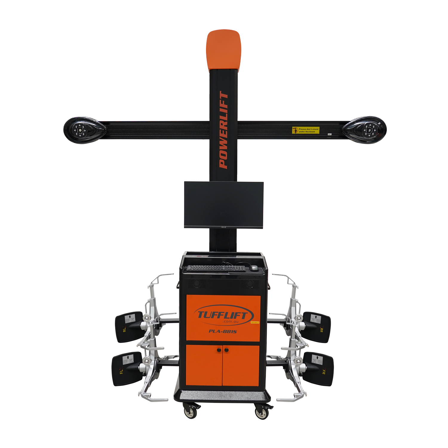 PowerLift PLA-881S alignment machine from TuffLift, featuring a sleek design with an orange and black color scheme, a central display screen, and advanced vehicle alignment sensors.