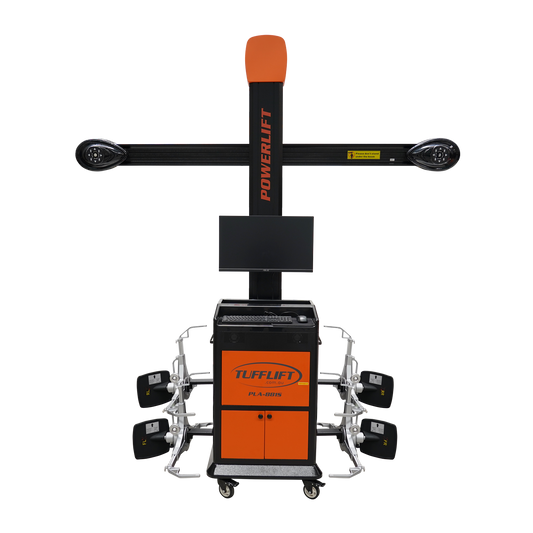 PowerLift PLA-881S alignment machine from TuffLift, featuring a sleek design with an orange and black color scheme, a central display screen, and advanced vehicle alignment sensors.