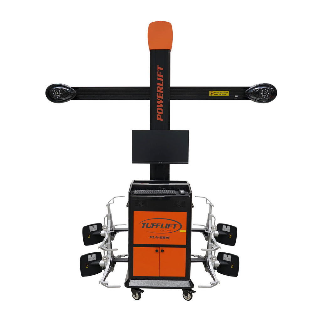 PowerLift PLA-881S alignment machine from TuffLift, featuring a sleek design with an orange and black color scheme, a central display screen, and advanced vehicle alignment sensors.