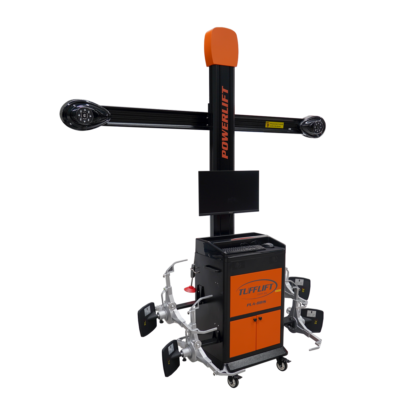 PowerLift PLA-881S alignment system by TuffLift, showcasing its robust design with orange and black accents, equipped with precision vehicle alignment sensors and a mounted display screen,