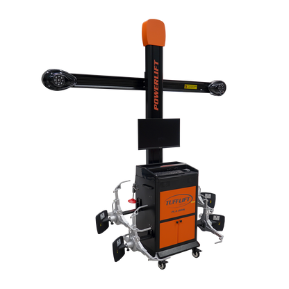 PowerLift PLA-881S alignment system by TuffLift, showcasing its robust design with orange and black accents, equipped with precision vehicle alignment sensors and a mounted display screen,