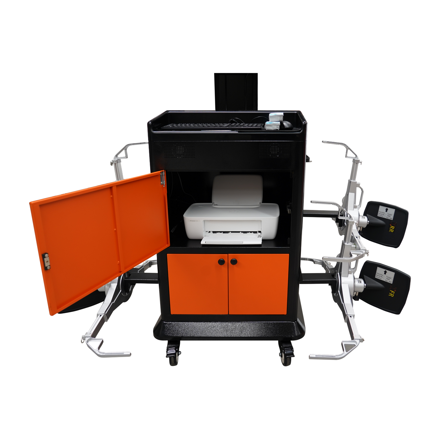 PowerLift PLA-881S alignment system storage compartment open, featuring a built-in printer and neatly organized interior, with alignment sensors on both sides.