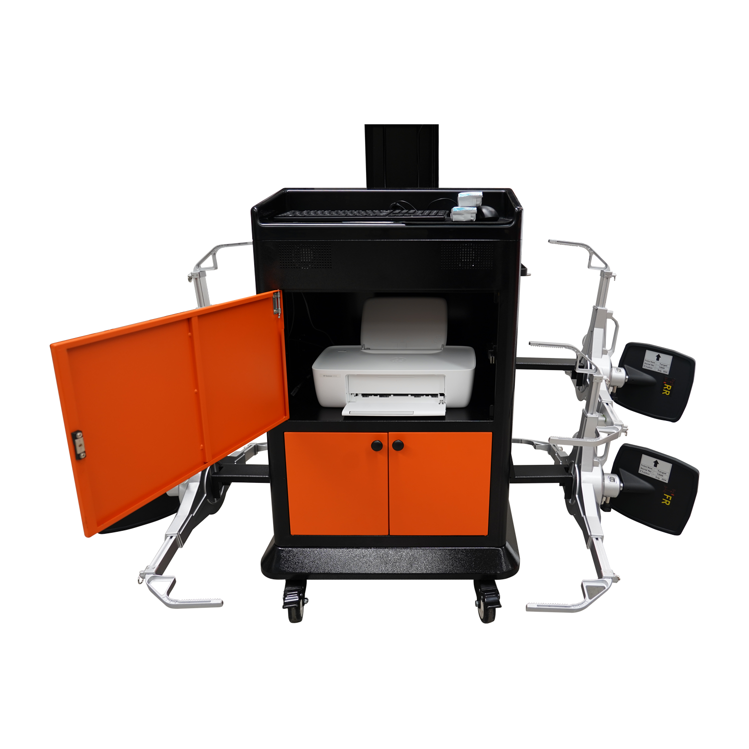 PowerLift PLA-881S alignment system storage compartment open, featuring a built-in printer and neatly organized interior, with alignment sensors on both sides.