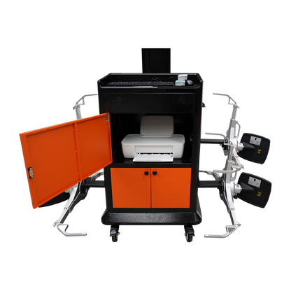 PowerLift PLA-881S alignment system storage compartment open, featuring a built-in printer and neatly organized interior, with alignment sensors on both sides.