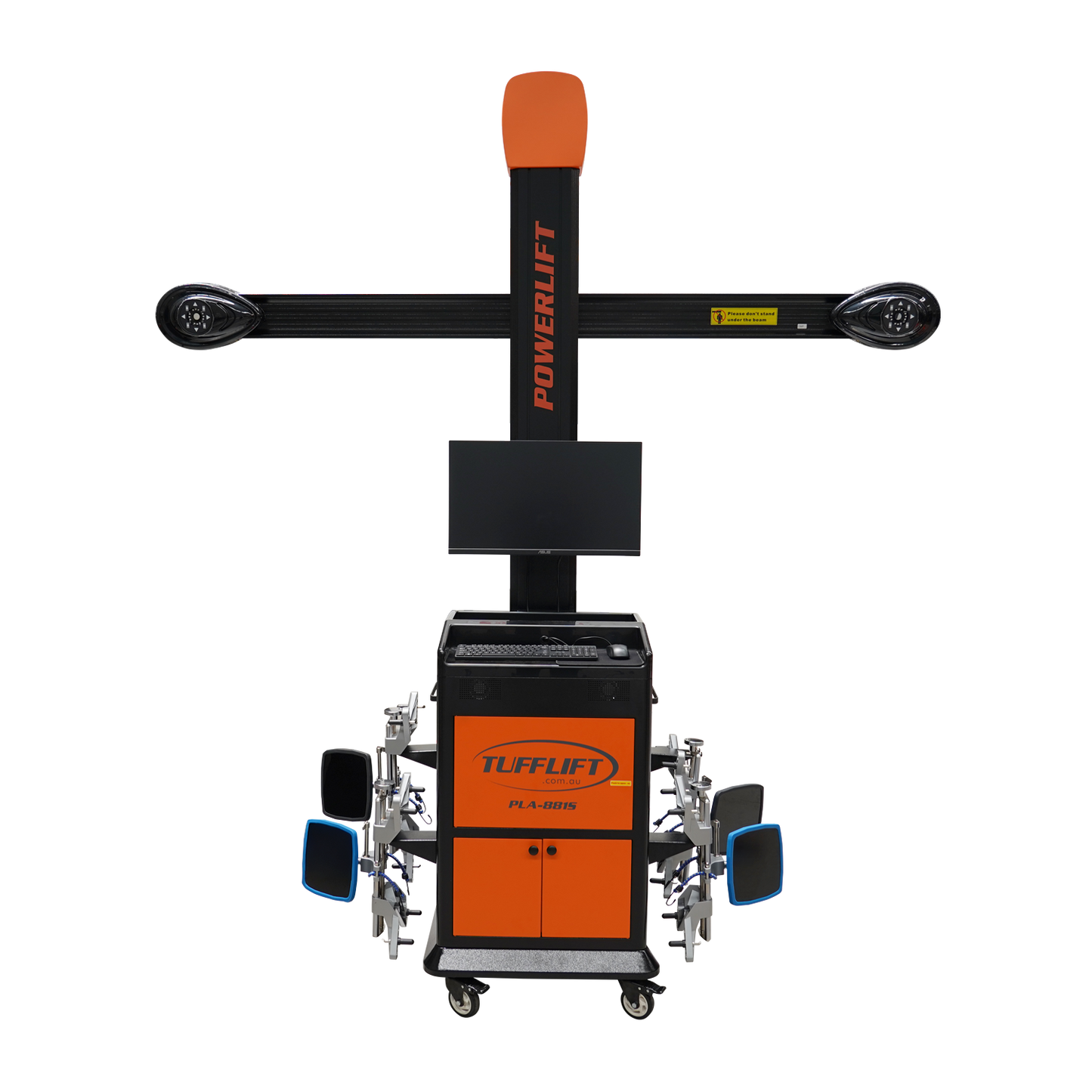 PowerLift PLA-881S 3D wheel alignment system with a central screen and alignment tools extending from the sides.