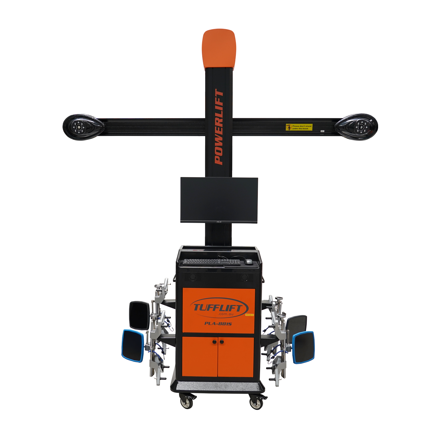 PowerLift PLA-881S 3D wheel alignment system with a central screen and alignment tools extending from the sides.