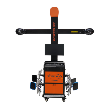 PowerLift PLA-881S 3D wheel alignment system with a central screen and alignment tools extending from the sides.