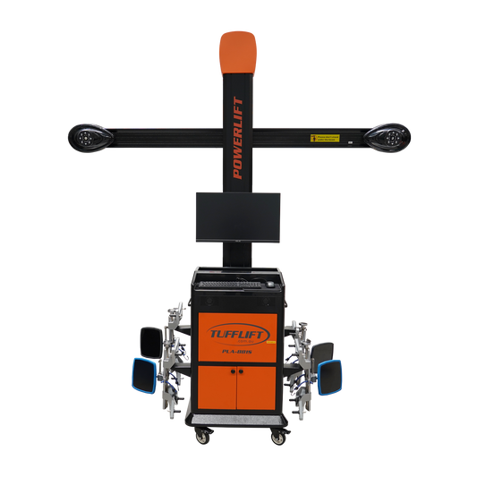 PowerLift PLA-881S 3D wheel alignment system with a central screen and alignment tools extending from the sides.