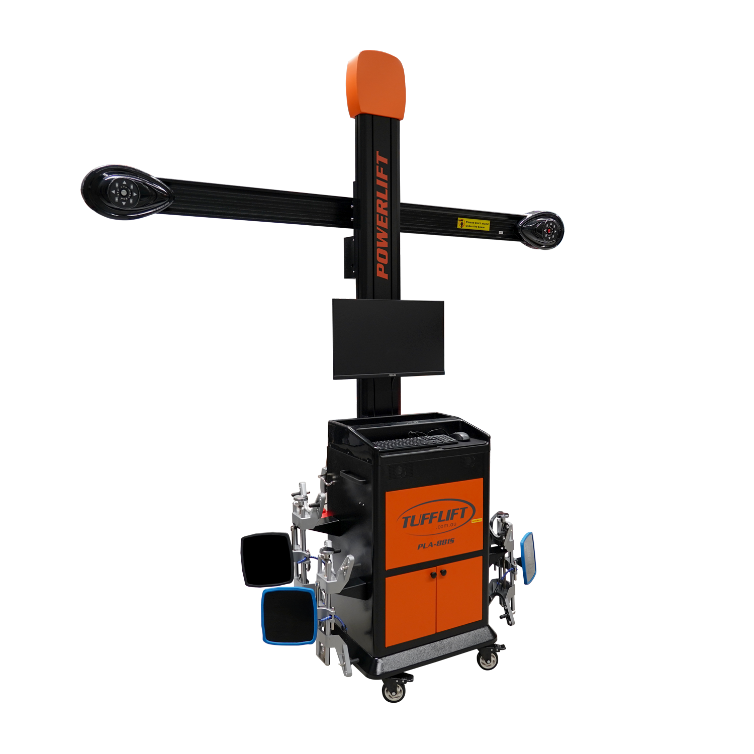 Powerlift wheel aligner by Tufflift with dual adjustable sensors, a display screen, and a mobile cabinet. 