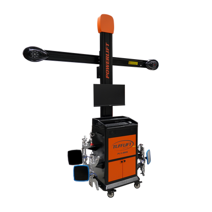 Powerlift wheel aligner by Tufflift with dual adjustable sensors, a display screen, and a mobile cabinet. 