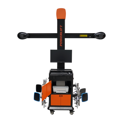 Tufflift Powerlift wheel aligner with dual sensor arms, a mounted monitor, a keyboard tray, and lower storage cabinets with an open door revealing a printer.