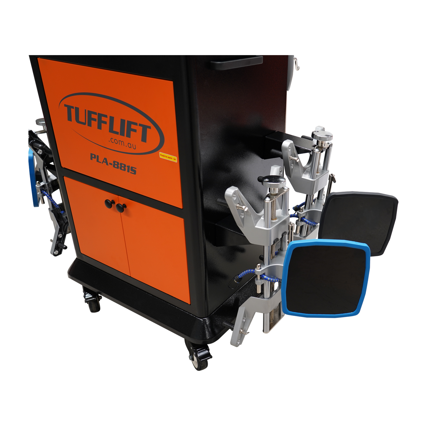 A close-up of the Tufflift PLA-881S Powerlift wheel aligner showing the orange storage cabinet with the logo and attached alignment clamps.