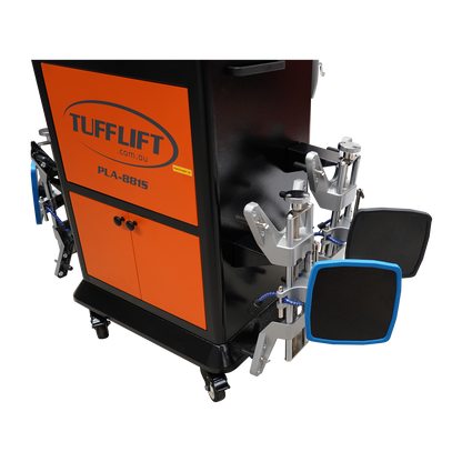 A close-up of the Tufflift PLA-881S Powerlift wheel aligner showing the orange storage cabinet with the logo and attached alignment clamps.