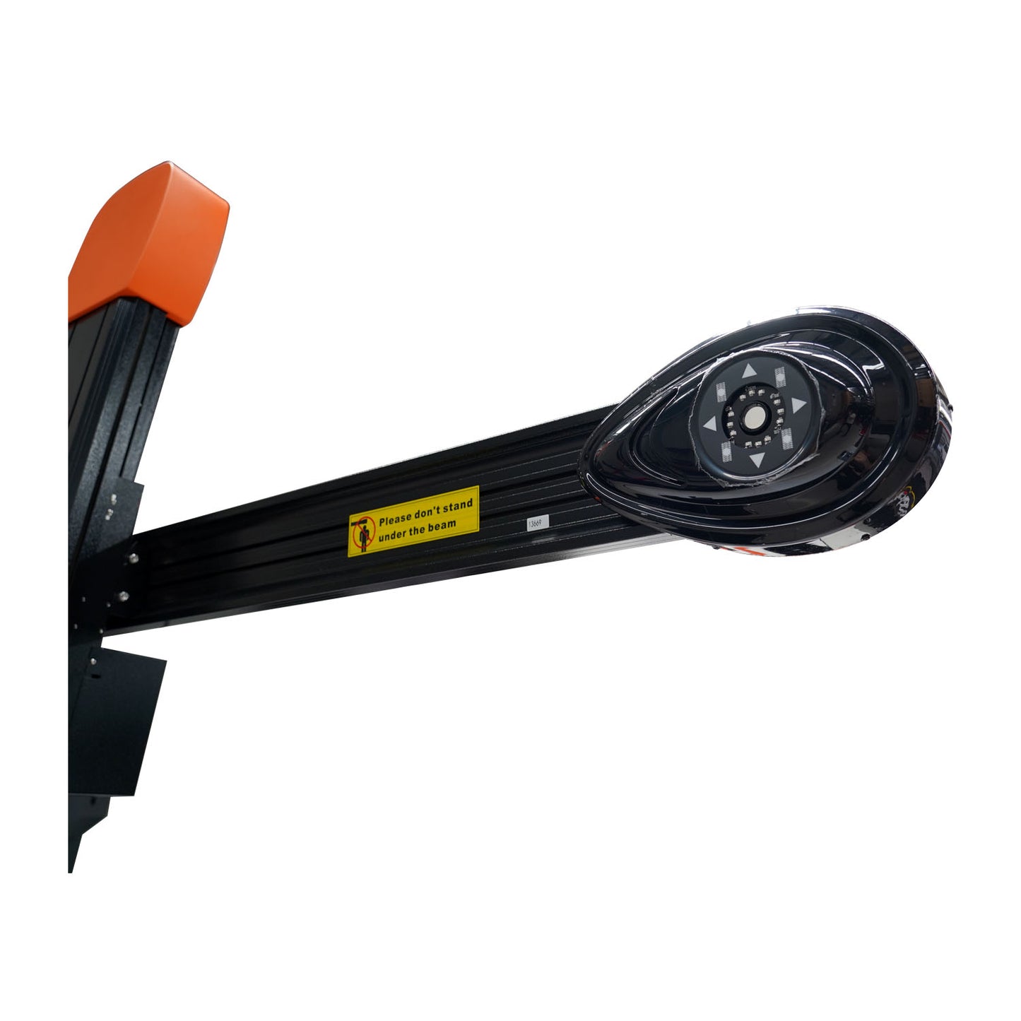 Close-up of the sensor arm on the Tufflift Powerlift wheel aligner, featuring a "Please don't stand under the beam" safety warning.