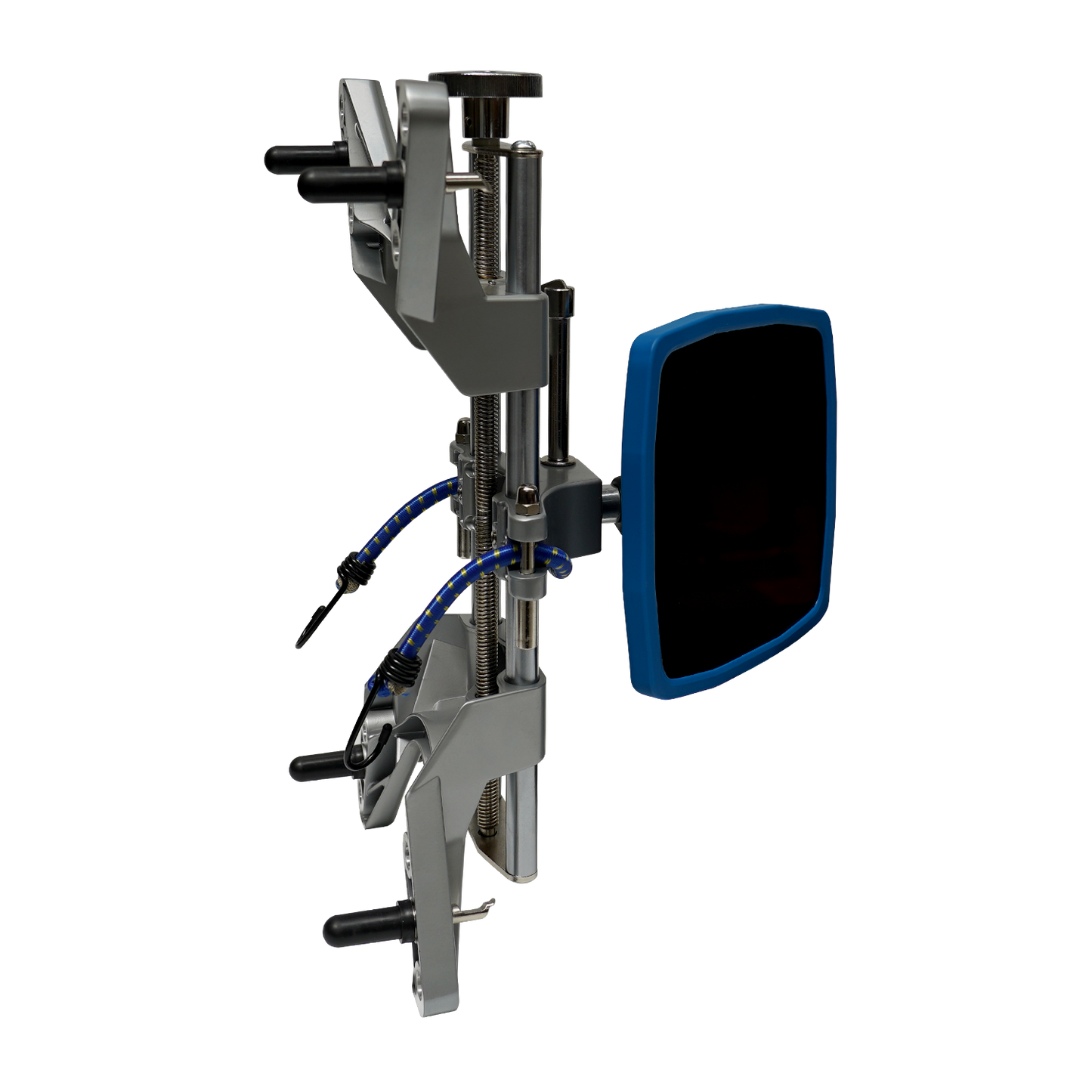 Detailed view of the alignment clamp on the Tufflift Powerlift wheel aligner, showing its adjustable components and a blue sensor attachment. 