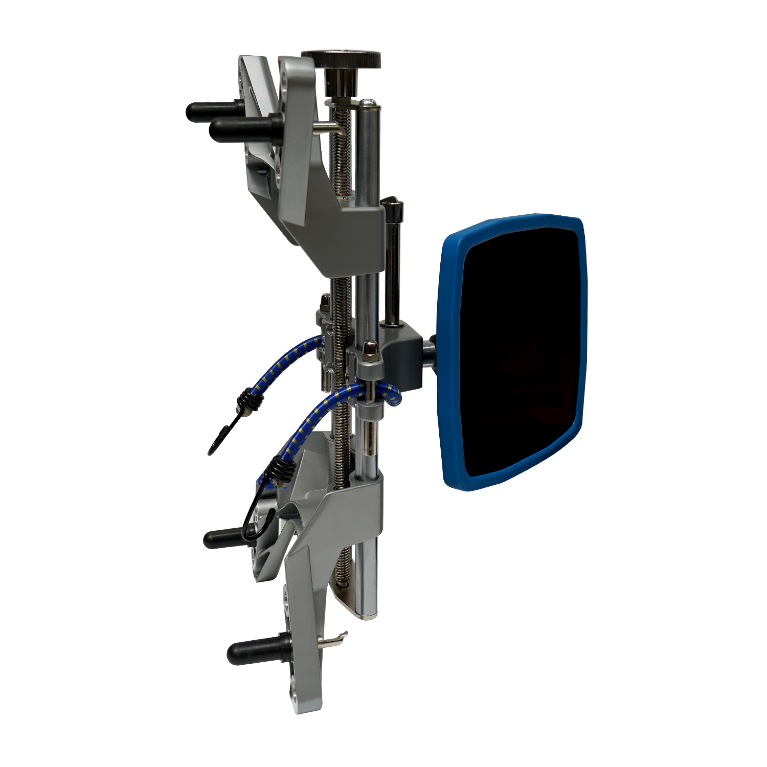 Detailed view of the alignment clamp on the Tufflift Powerlift wheel aligner, showing its adjustable components and a blue sensor attachment. 