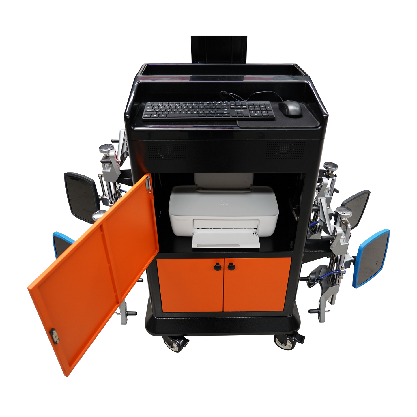 A focused top view of the Tufflift Powerlift wheel aligner, showing a keyboard, a printer in an open cabinet, and alignment clamps on both sides. 