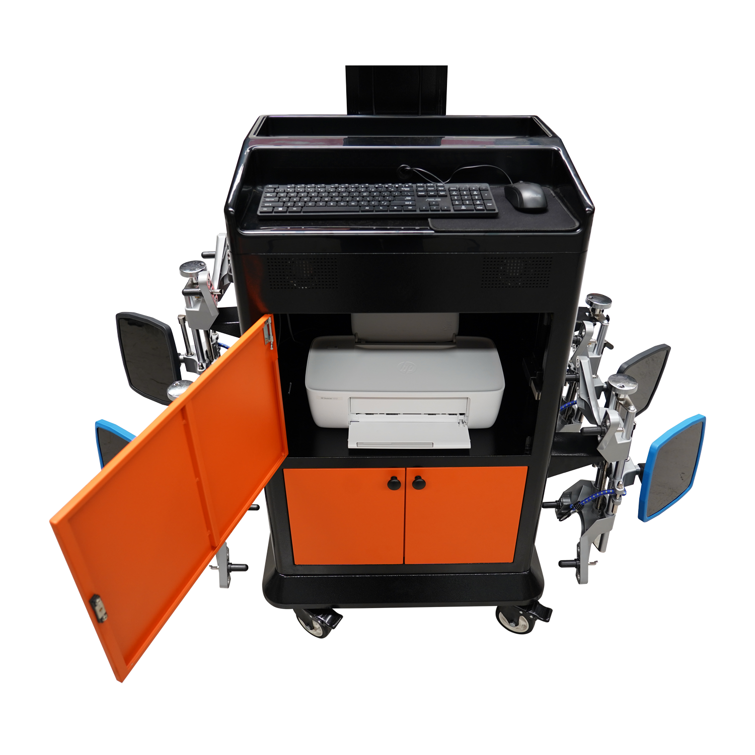 A focused top view of the Tufflift Powerlift wheel aligner, showing a keyboard, a printer in an open cabinet, and alignment clamps on both sides. 