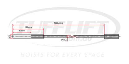 This image shows a technical diagram of a hoist cable with a total length of 4050.6mm and a diameter of 9.52mm. The cable features M19 threads on one end, with detailed sections measuring 122mm and 80mm for the threaded portion. This diagram provides essential measurements for the correct installation and usage of the cable in hoist systems.