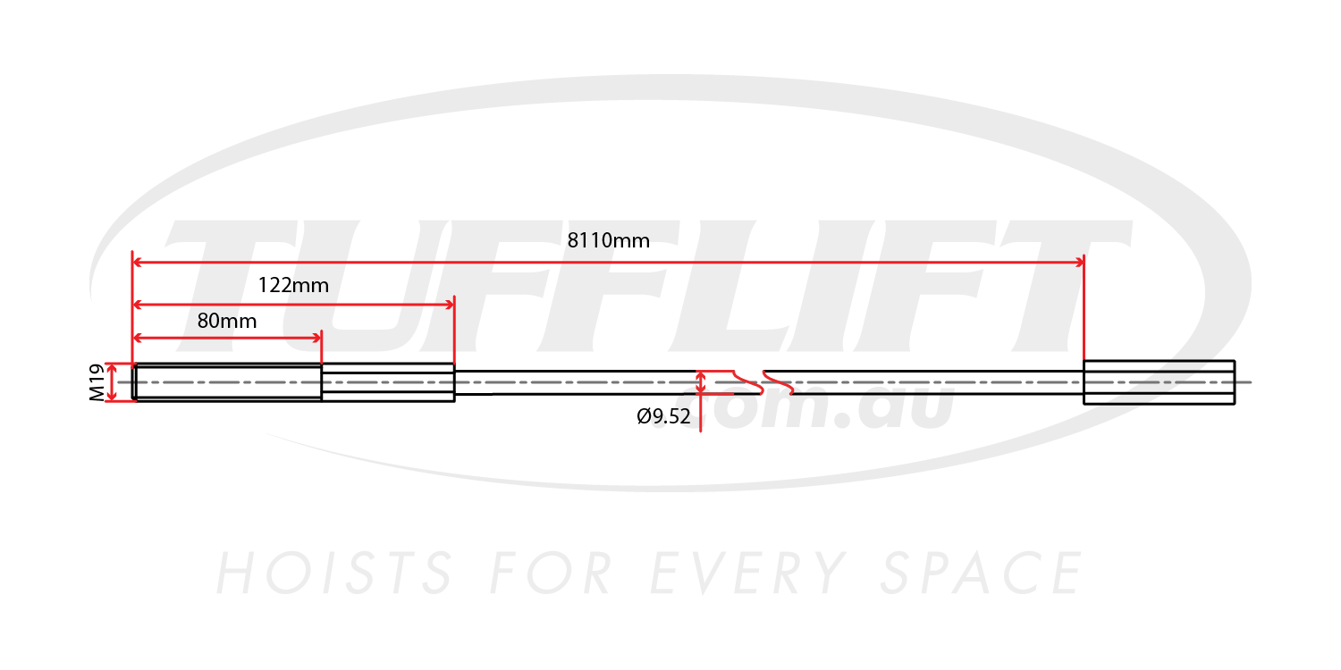 This image displays a technical diagram of a hoist cable measuring 8110mm in total length with a diameter of 9.52mm. The cable is equipped with M19 threads on one end, with a detailed section showing 122mm of threaded length and an 80mm section for installation. The diagram outlines exact measurements crucial for proper use in lifting systems.