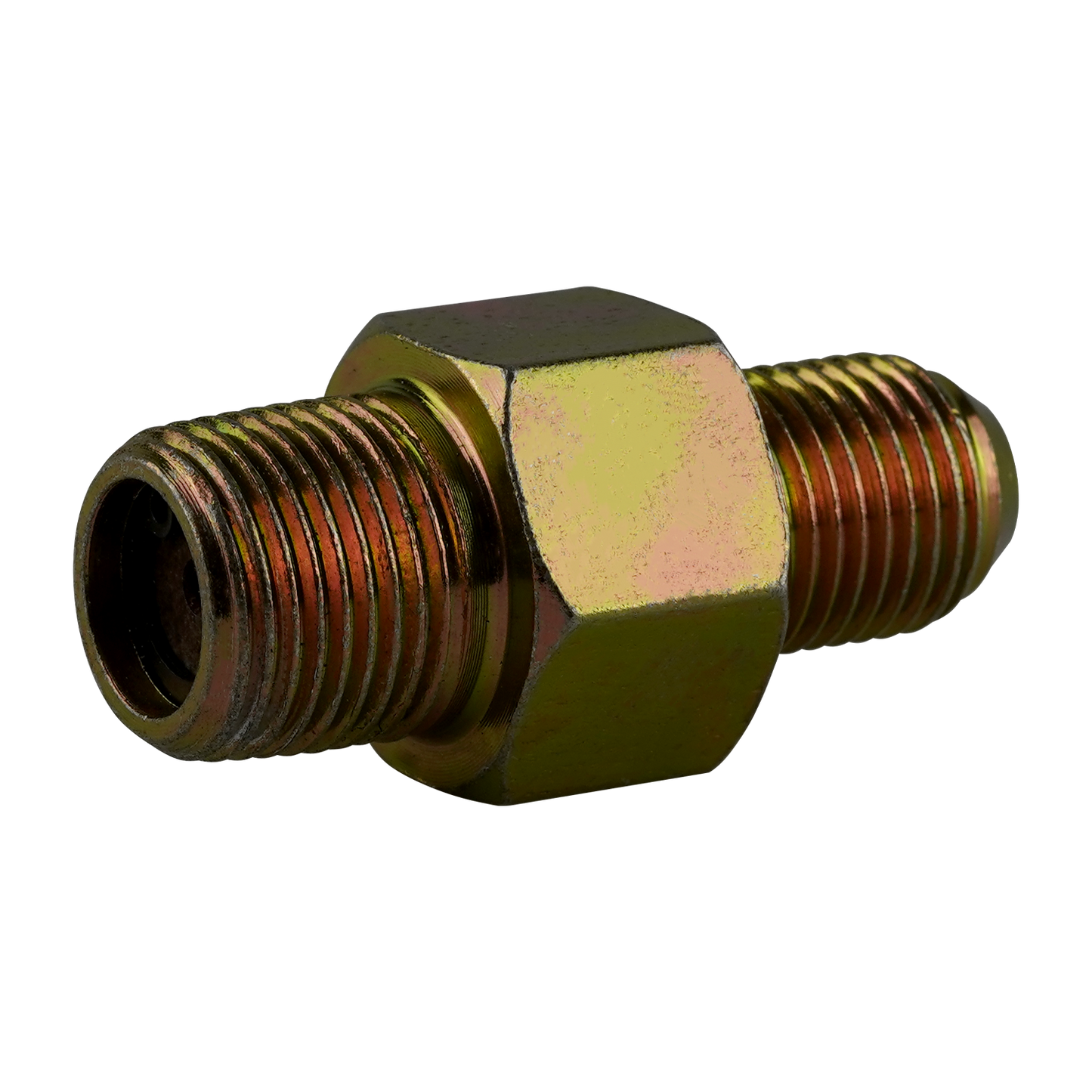 Close-up of a straight anti-burst fitting with a gold-colored polished finished, hexagonal body and threaded ends, used in hydraulic systems to prevent bursts and ensure secure, reliable connections. - Straight Anti Burst Fitting