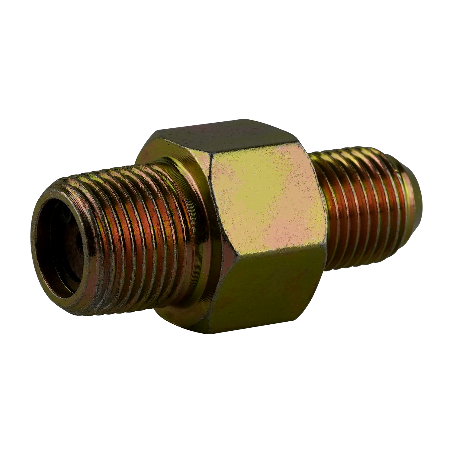 Close-up of a straight anti-burst fitting with a gold-colored polished finished, hexagonal body and threaded ends, used in hydraulic systems to prevent bursts and ensure secure, reliable connections. - Straight Anti Burst Fitting