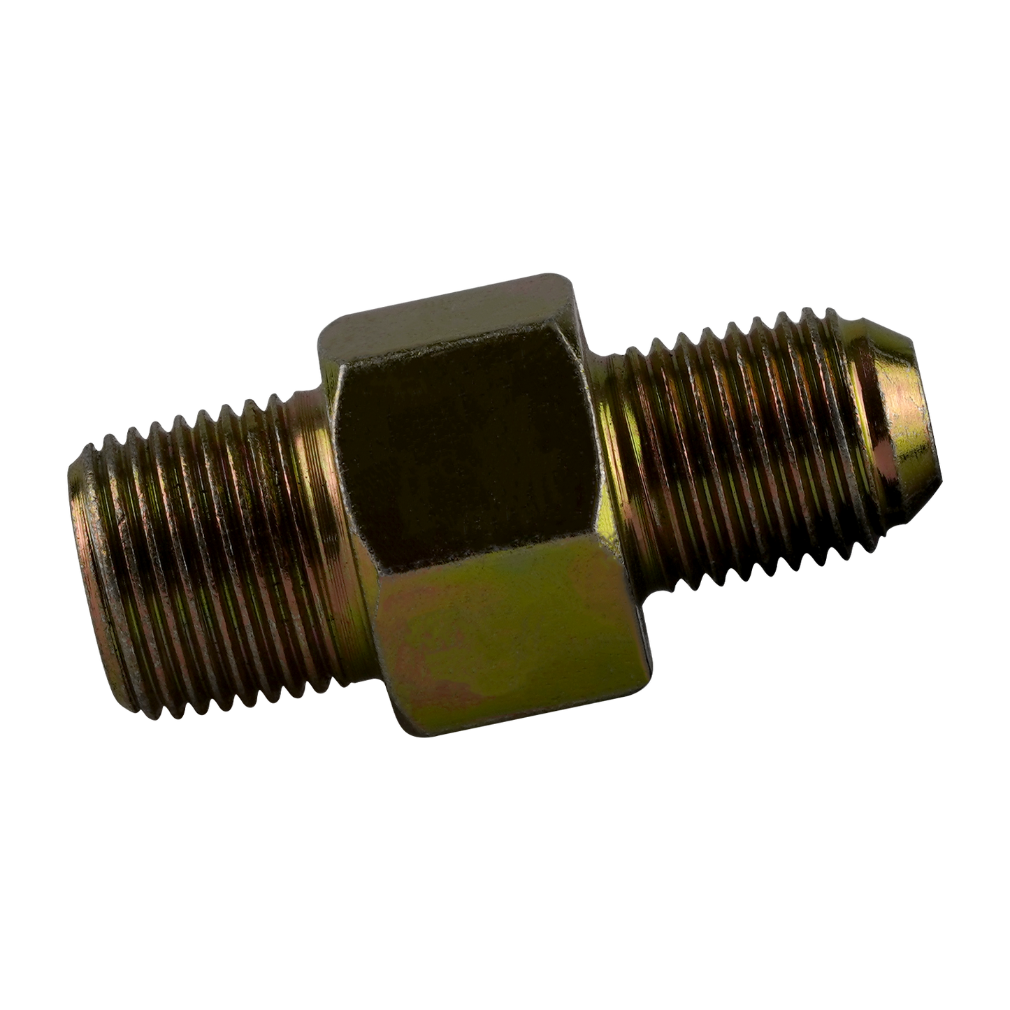 Close-up of a straight anti-burst fitting with a gold-colored hexagonal body and threaded ends. - Straight Anti Burst Fitting